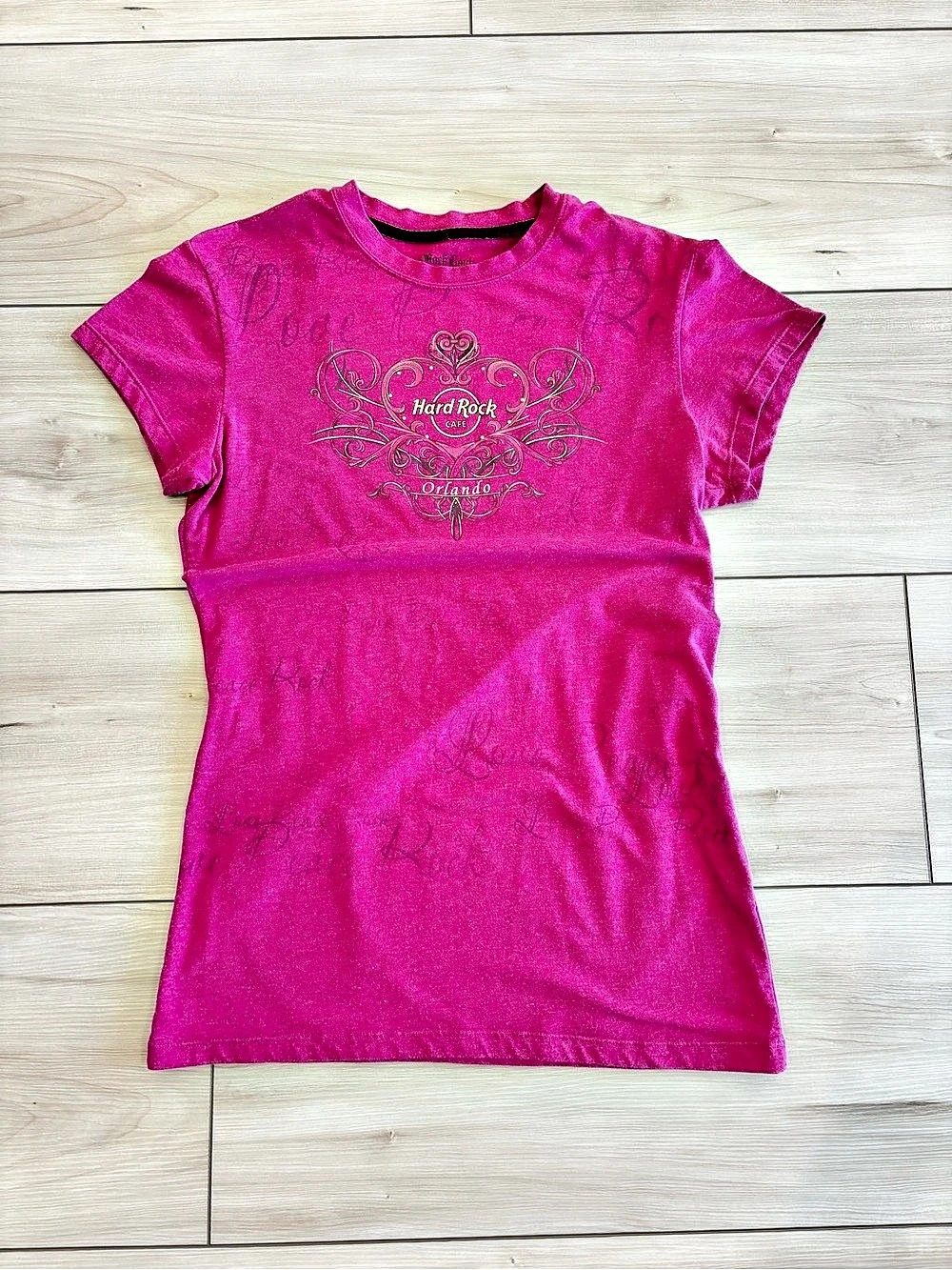 Hard Rock Couture Y2K Orlando Rhinestone Womens Graphic Short Sleeve Tee in Pink